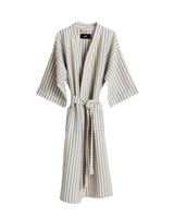 A long kimono-style robe with vertical stripes in beige, gray, and white, featuring a tie belt at the waist, shown against a plain white background.
