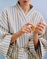 Waffle Bathrobe - Stripe - Dusty Blue