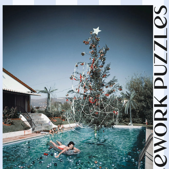 Network jigsaw puzzle box showing a Christmas tree by a swimming pool
