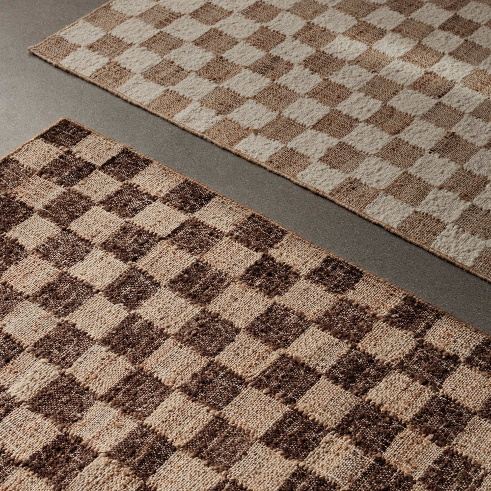 Check Wool Jute Rug, Coffee/Natural, 140 x 200cm by ferm LIVING, close-up of the woven check