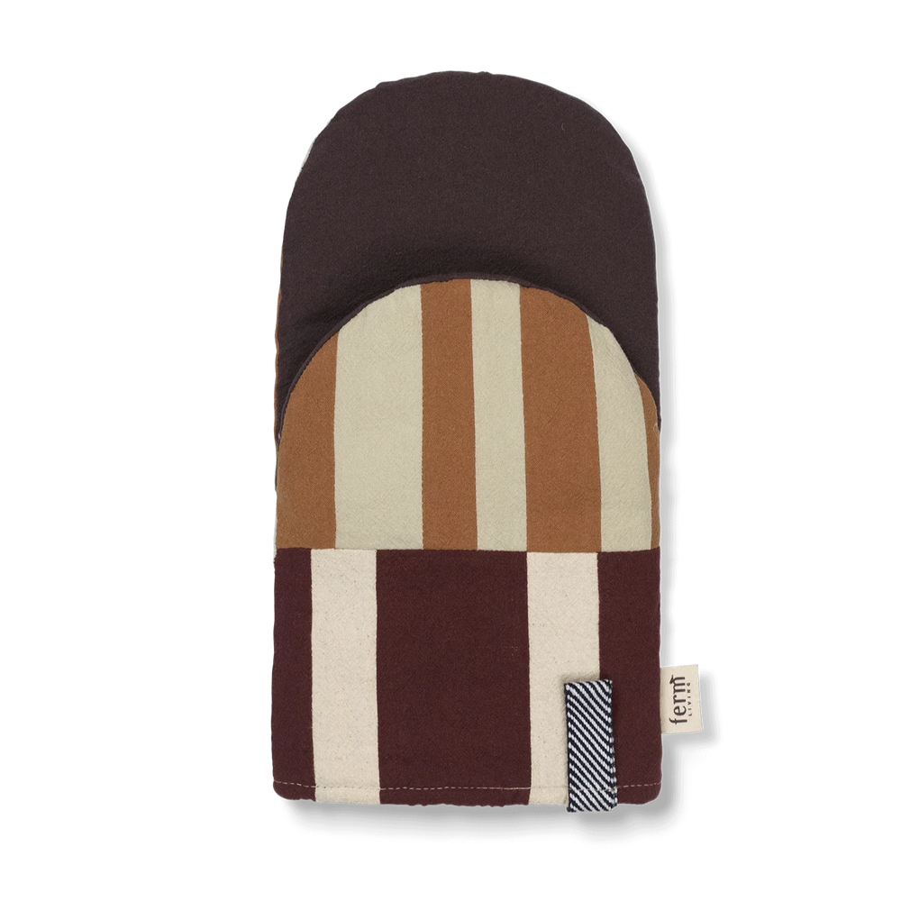 Striped patchwork oven glove in brown, cream and rust