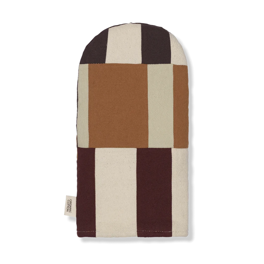 Patchwork oven glove in burgundy, tan and cream blocks
