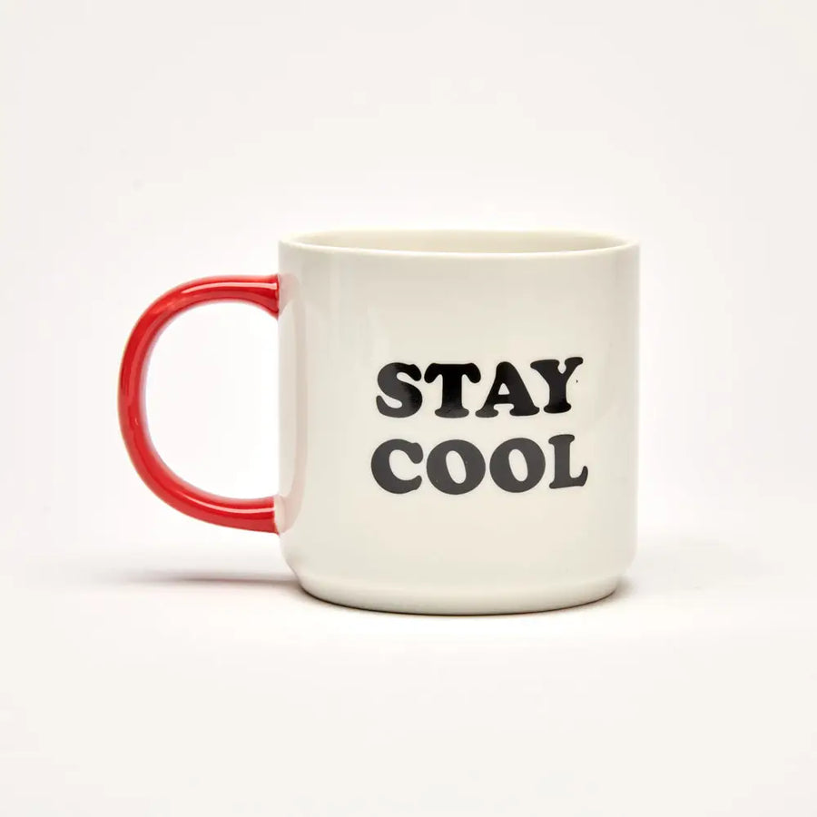 White Stay Cool mug with a red handle