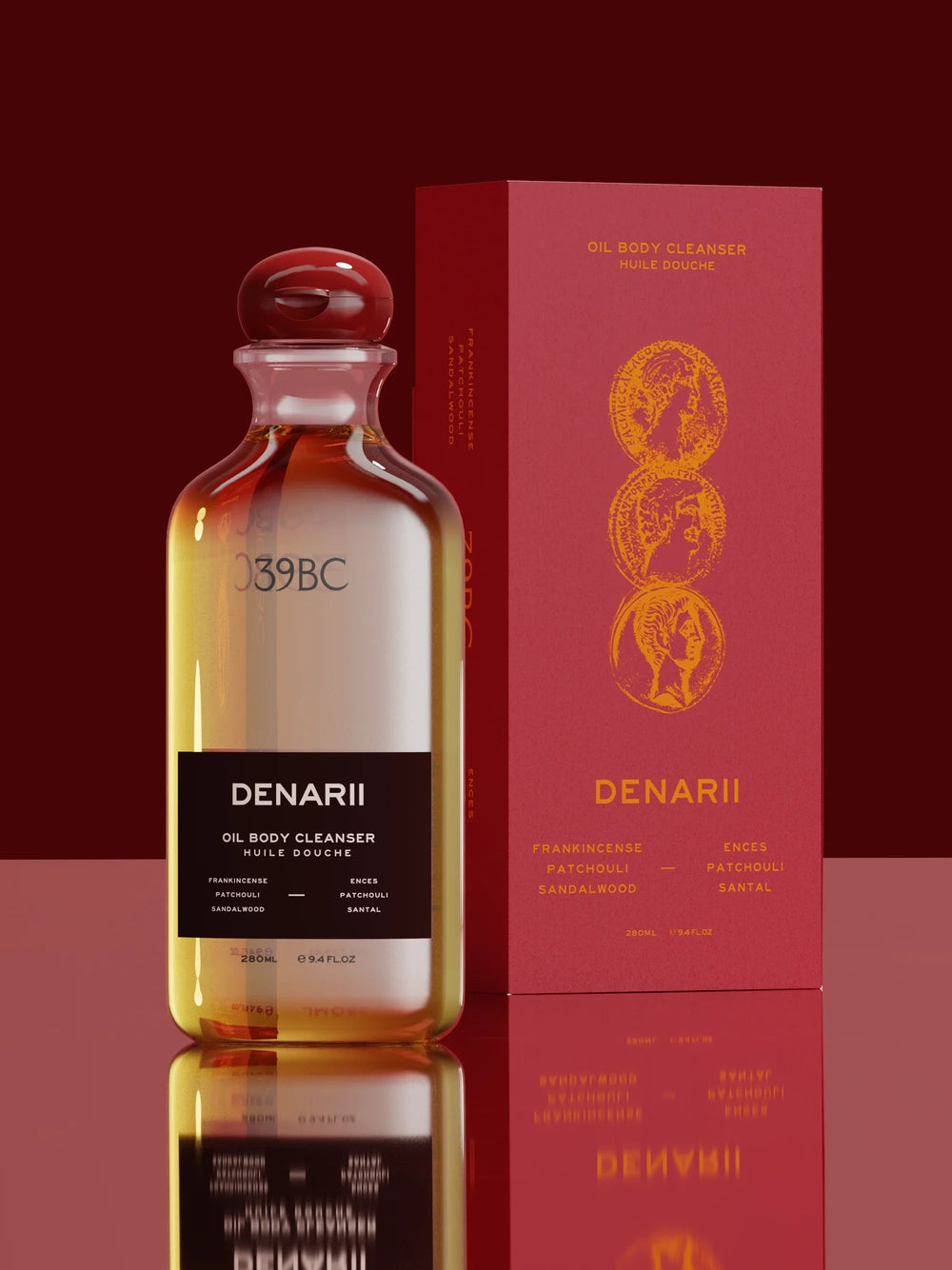 Denarii Oil Body Cleanser, 280ml by 39BC, beside its red box