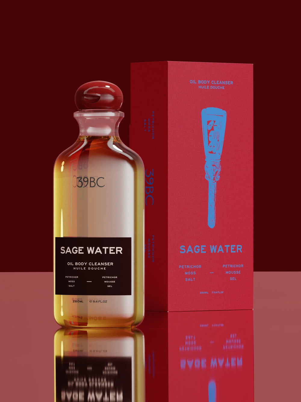 Sage Water Oil Body Cleanser, 280ml by 39BC, beside its red box