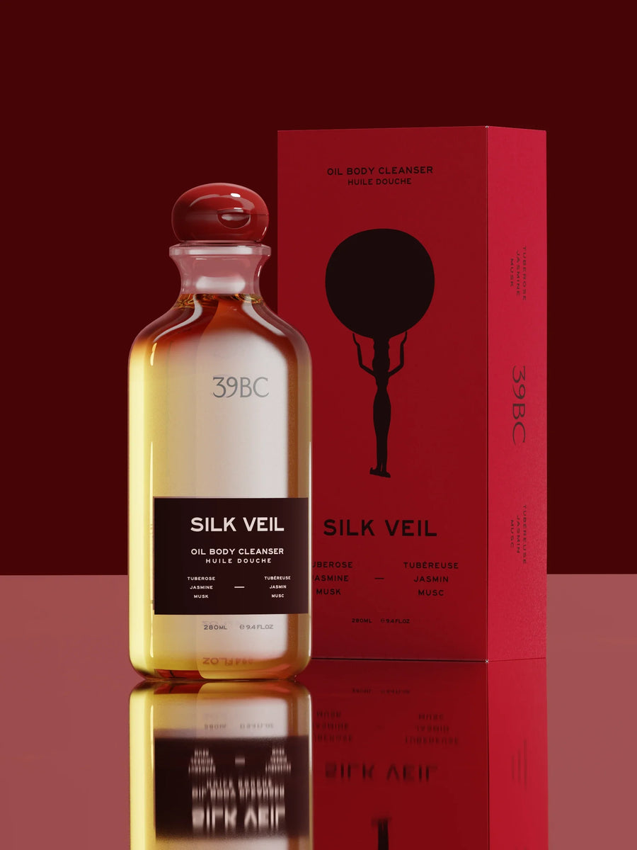 Silk Veil Oil Body Cleanser, 280ml by 39BC, beside its red box