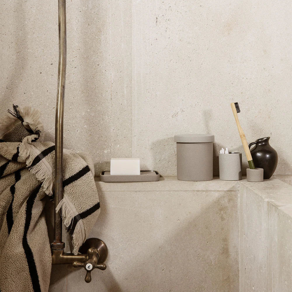 Bon Accessories Soap Tray, Sand by ferm LIVING, in a stone bathroom