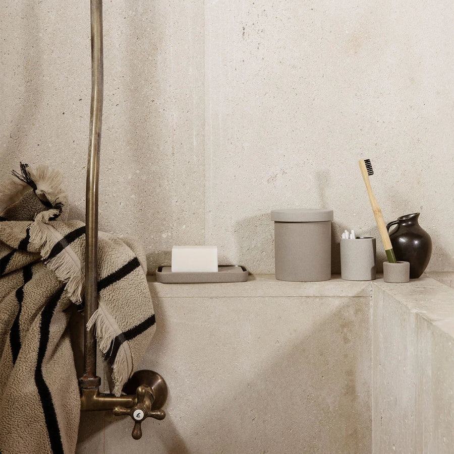 Bon Accessories Soap Tray, Sand by ferm LIVING, in a stone bathroom