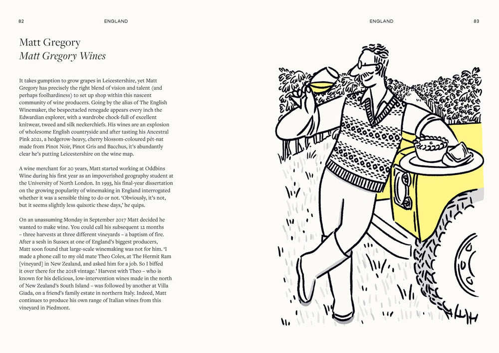 Book spread with a line illustration of a man and a car