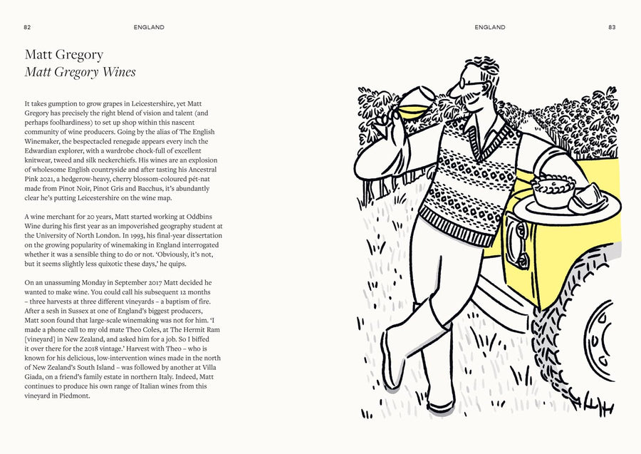 Book spread with a line illustration of a man and a car