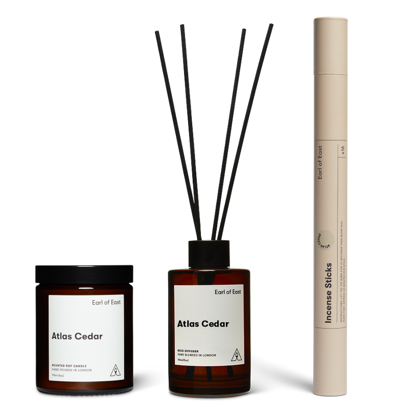  Atlas Cedar Scent Layering Set by Earl of East, with candle and incense sticks 