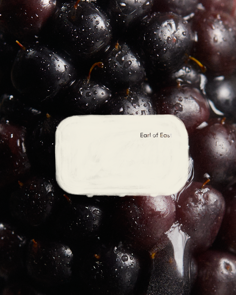 Jardin de la Lune Incense Cones by Earl of East, tin against dark grapes