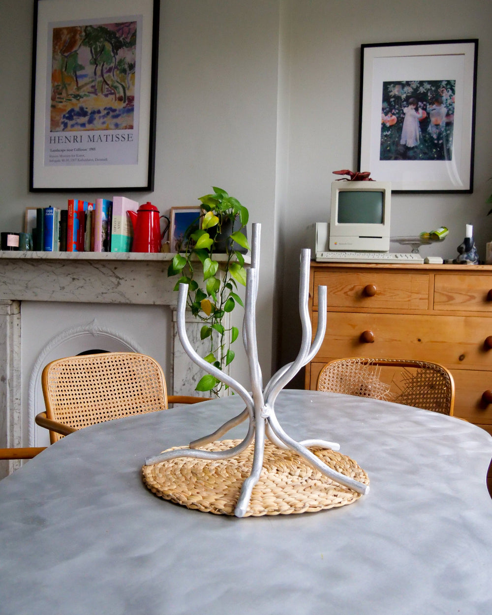 Small Candelabra, Aluminium by Six Dots Design, on a dining table with fruit