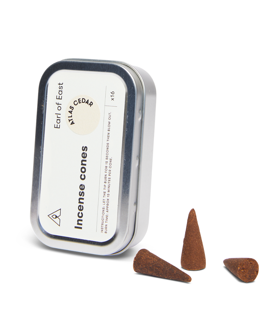 Atlas Cedar Incense Cones Set of 3 by Earl of East with three recyclable aluminium tins