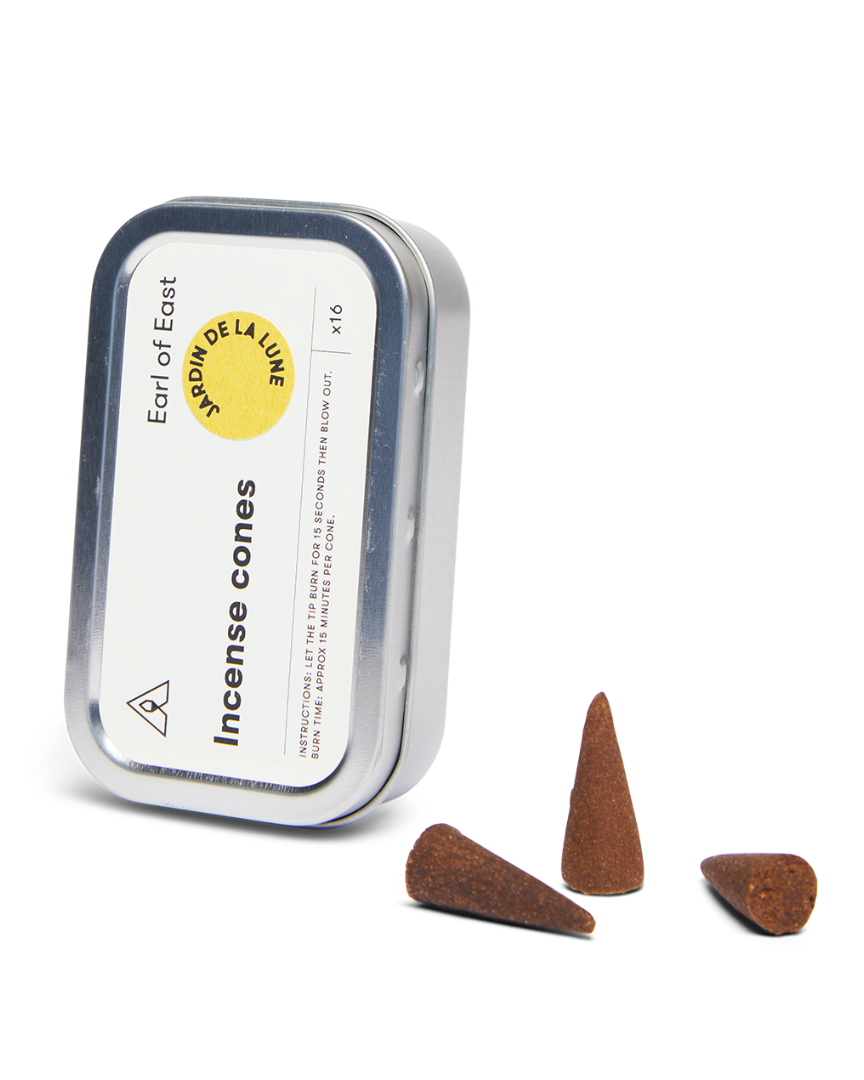Jardin de la Lune Incense Cones, Pack of 3 by Earl of East, tin open with cones beside it