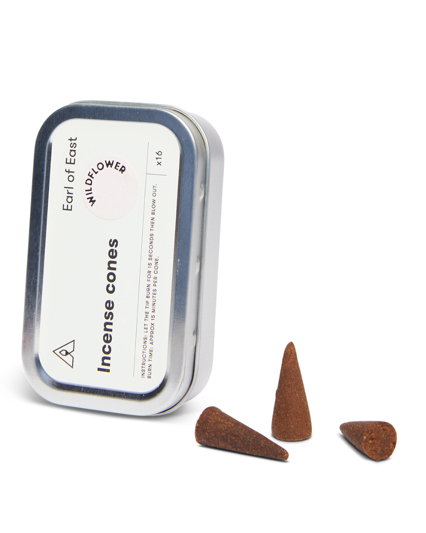 Wildflower Incense Cones, Pack of 3 by Earl of East, tin open with cones beside it