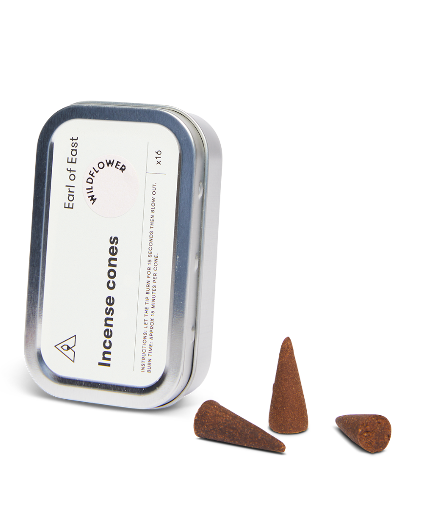 Wildflower Incense Cones by Earl of East, tin open with cones beside it