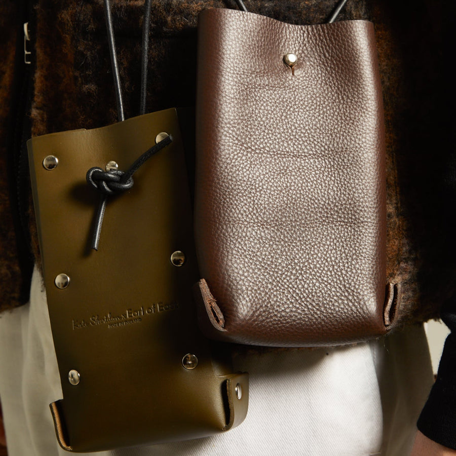 Leather Jigsaw Pouch, Tumbled Brown by Earl of East x Kate Sheridan, worn cross-body