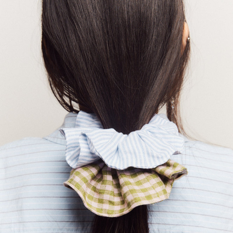 Bou Soie | Handmade Medium Hair Scrunchie - Blue & White Pinstripe