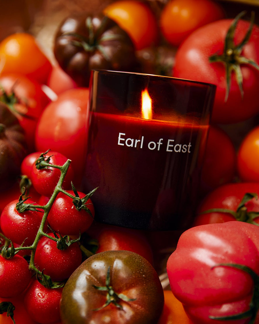 Greenhouse Scented Candle, 260ml by Earl of East, lit among cherry tomatoes