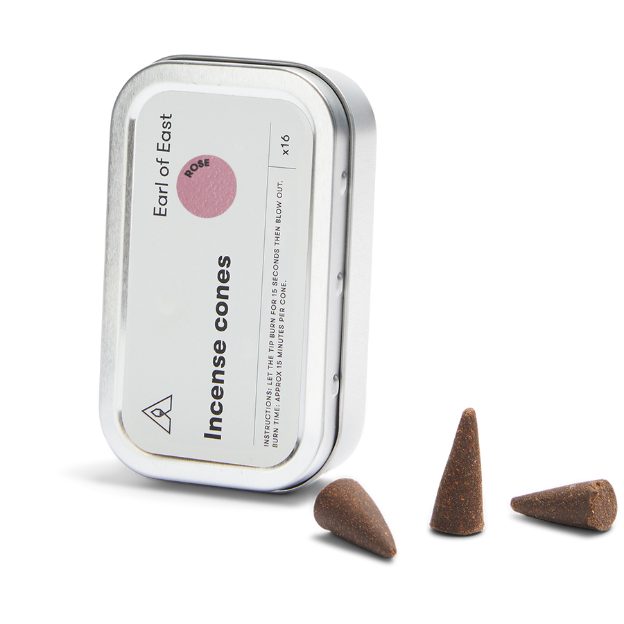 Incense Cones, Rose by Earl of East, tin open with cones beside it