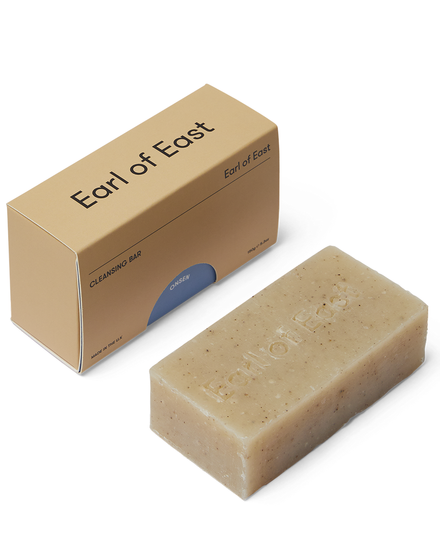 Onsen Cleansing Bar Soap, 160g by Earl of East, beside its box