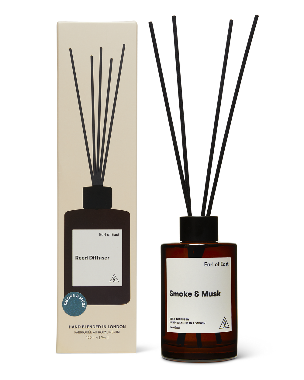 Smoke & Musk Reed Diffuser 150ml by Earl of East in amber glass bottle with reeds