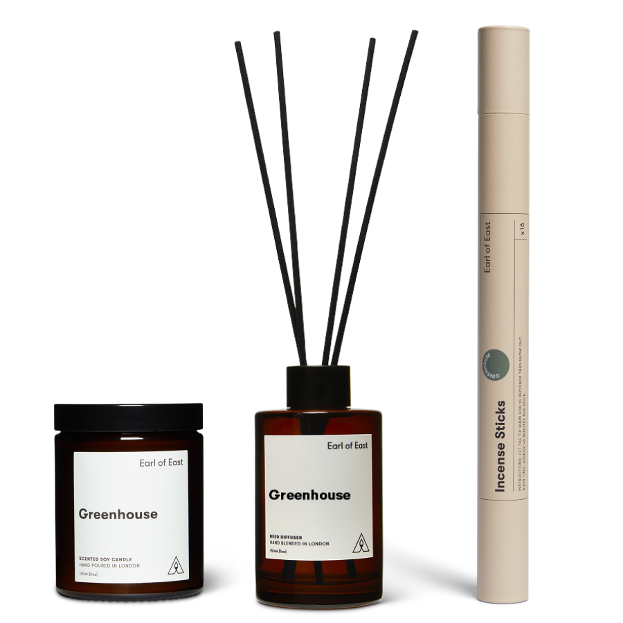 Greenhouse Scent Layering Set by Earl of East, with candle and incense sticks