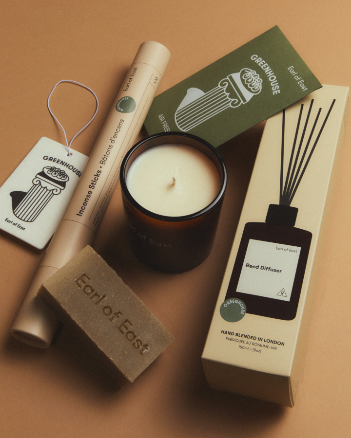 Greenhouse Signature Scent Bundle by Earl of East with candle, reed diffuser, incense sticks, cleansing bar soap and air freshener