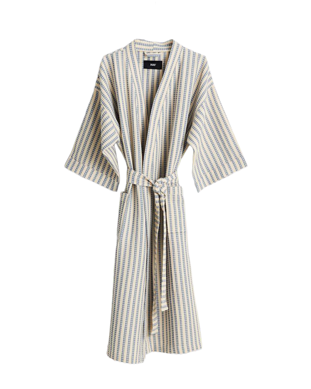 A long kimono-style robe with vertical stripes in beige, gray, and white, featuring a tie belt at the waist, shown against a plain white background.