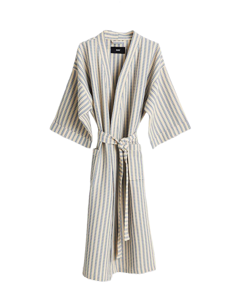  A long kimono-style robe with vertical stripes in beige, gray, and white, featuring a tie belt at the waist, shown against a plain white background. 