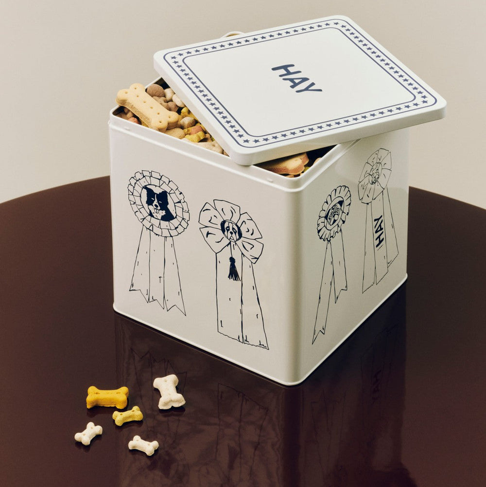 Dog Food Tin Container, Large Blue and Off-White by HAY, filled with dog biscuits