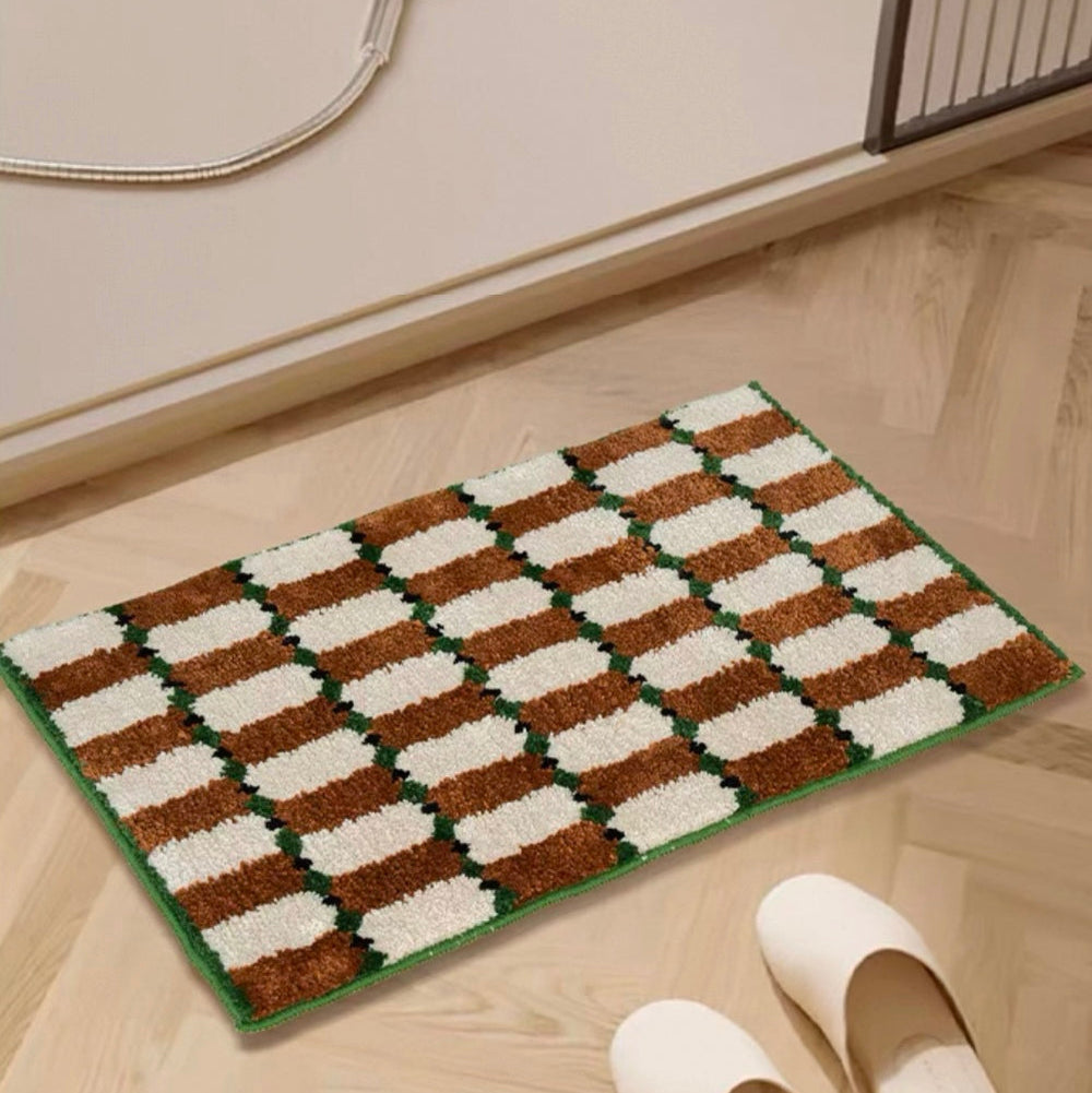 Checker Bath Rug Absorbent Mat, Brown by Inspecial Home, on a bathroom floor