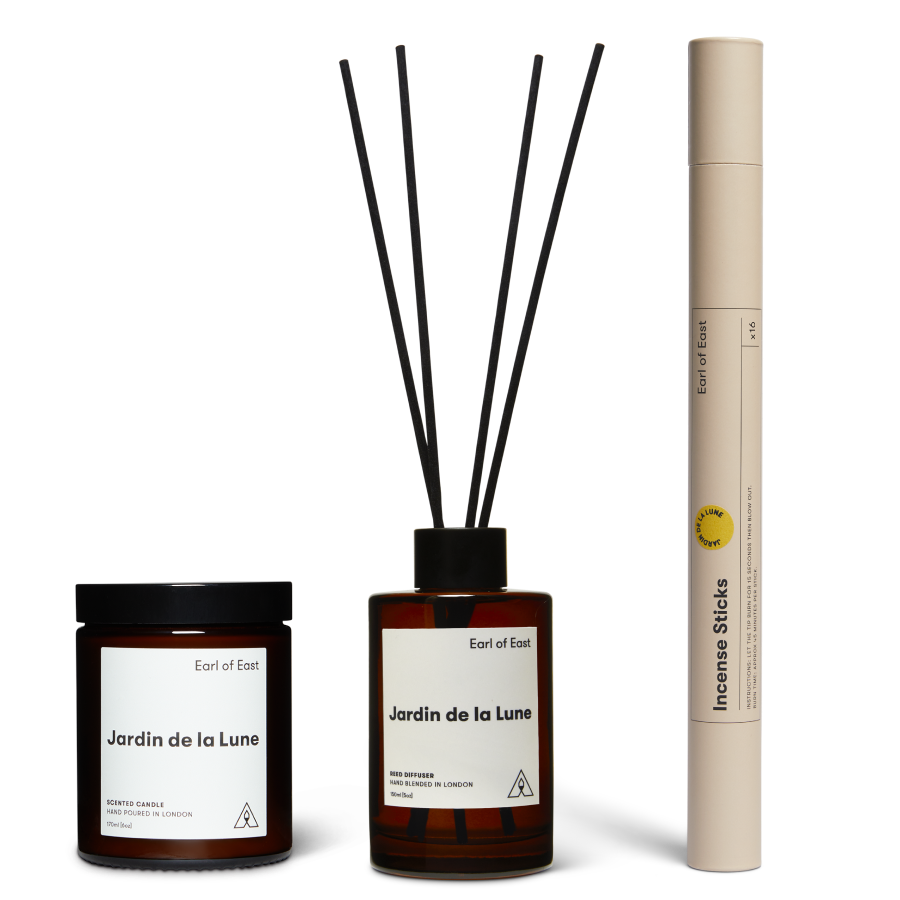 Jardin de la Lune Scent Layering Set by Earl of East, with candle and incense sticks