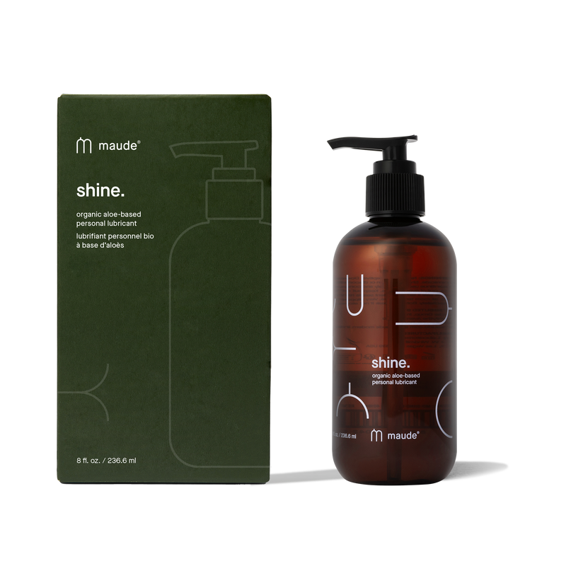  Shine Organic Lubricant, 8oz by Maude, beside its green box 