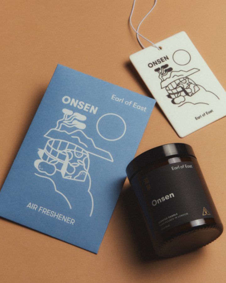 Onsen Starter Scent Set by Earl of East, with its blue box on tan