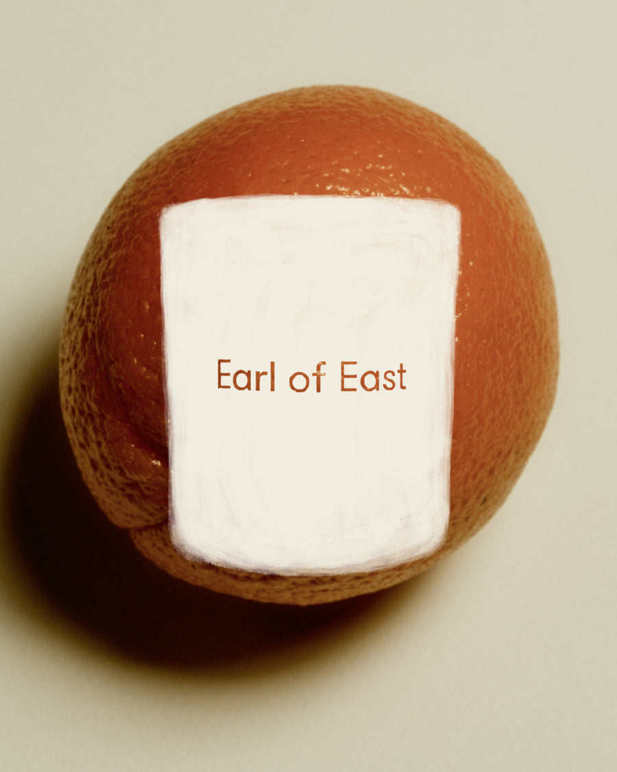 Strand Scented Candle, 260ml by Earl of East, against a grapefruit