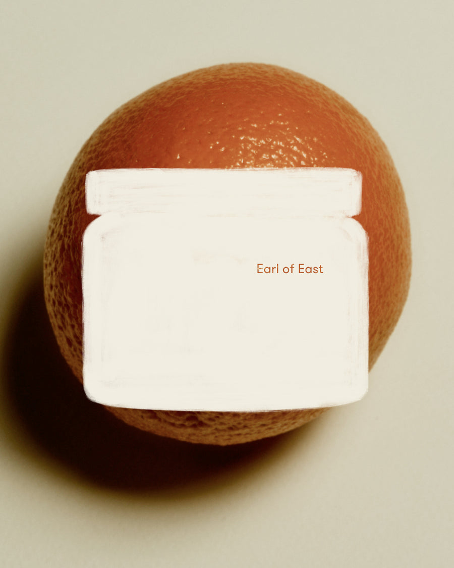 Strand Large Scented Candle, 500ml by Earl of East, against a grapefruit