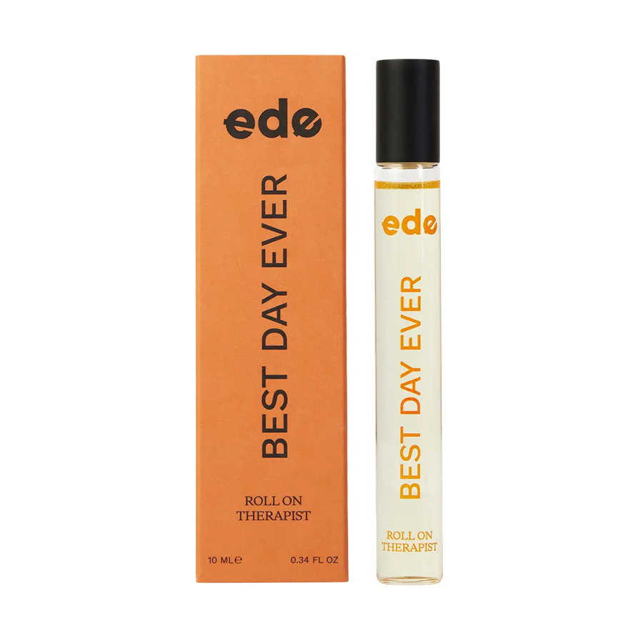 Best Day Ever Roll On Therapist, Aromatherapy Fragrance by ede, beside its orange box