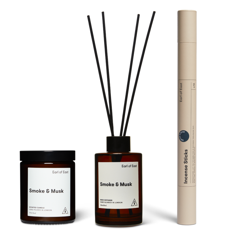  Smoke & Musk Scent Layering Set by Earl of East, with candle and incense sticks 