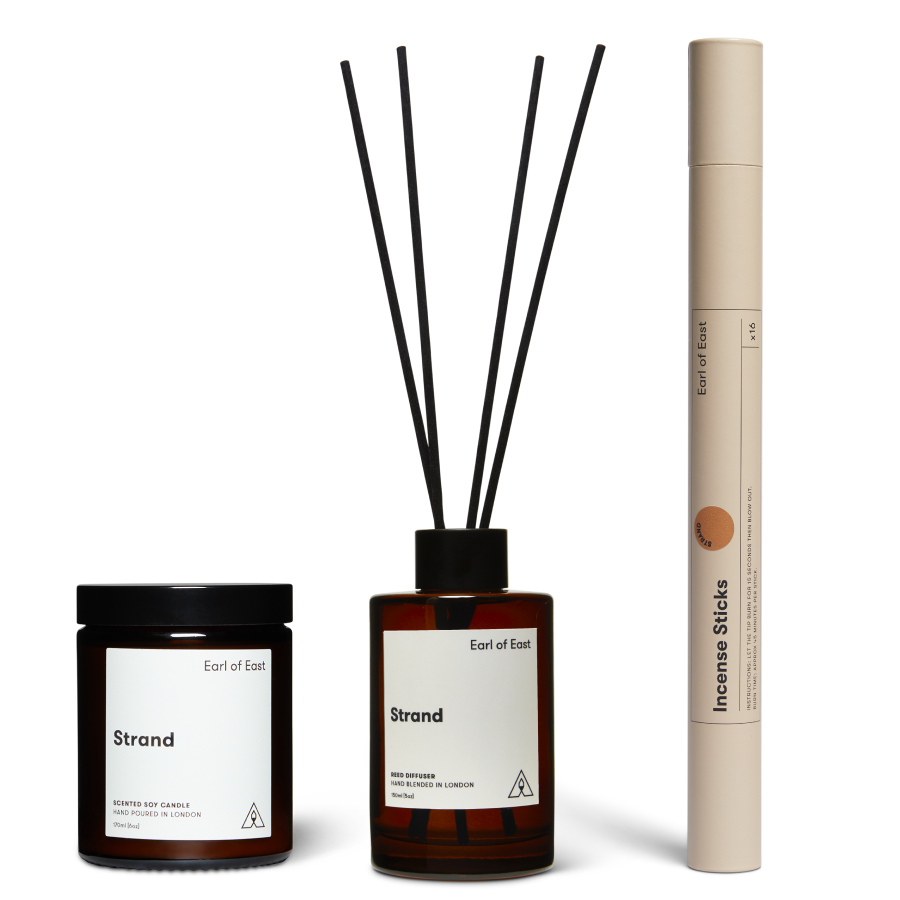 Strand Scent Layering Set by Earl of East, with candle and incense sticks