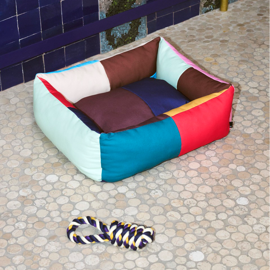 Dogs Bed with Zipper, Small, Multi by HAY, with a rope toy on a tiled floor
