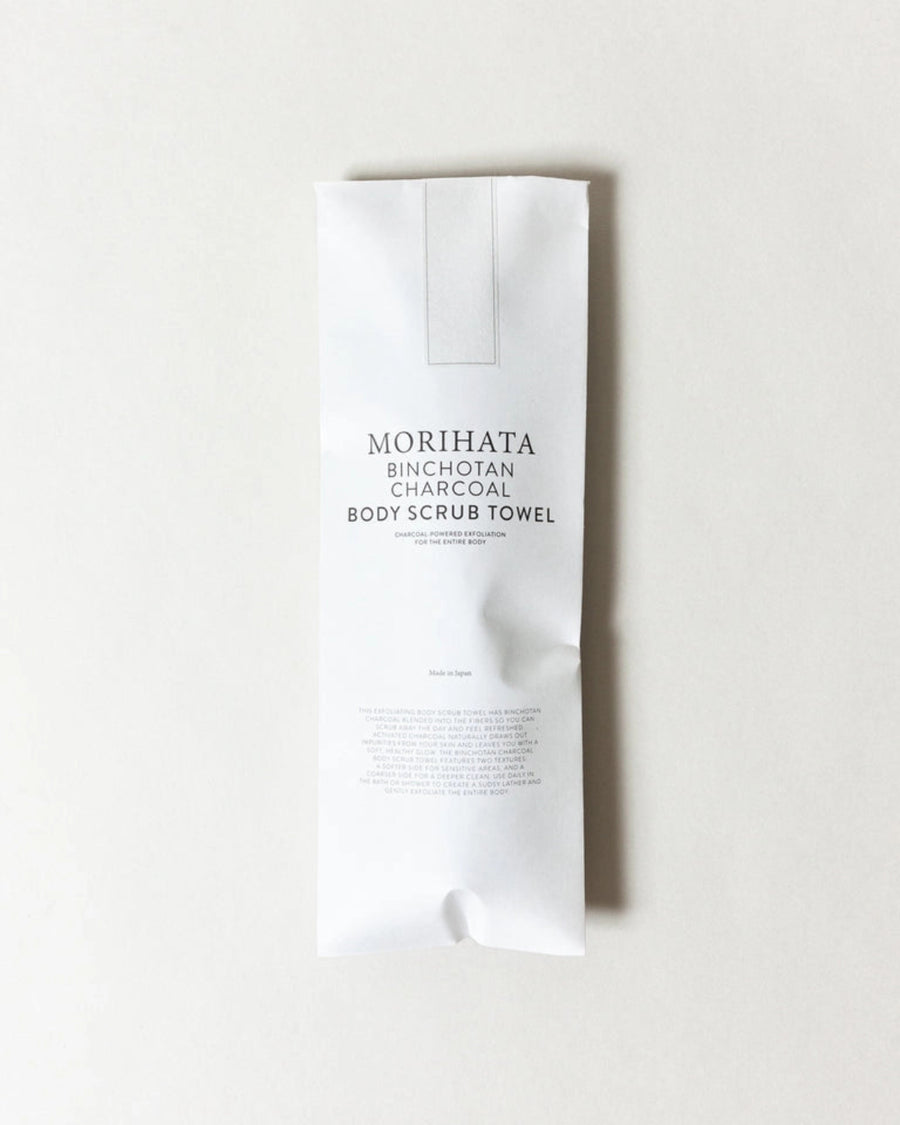 Binchotan Charcoal Body Scrub Towel by Morihata, in its packaging