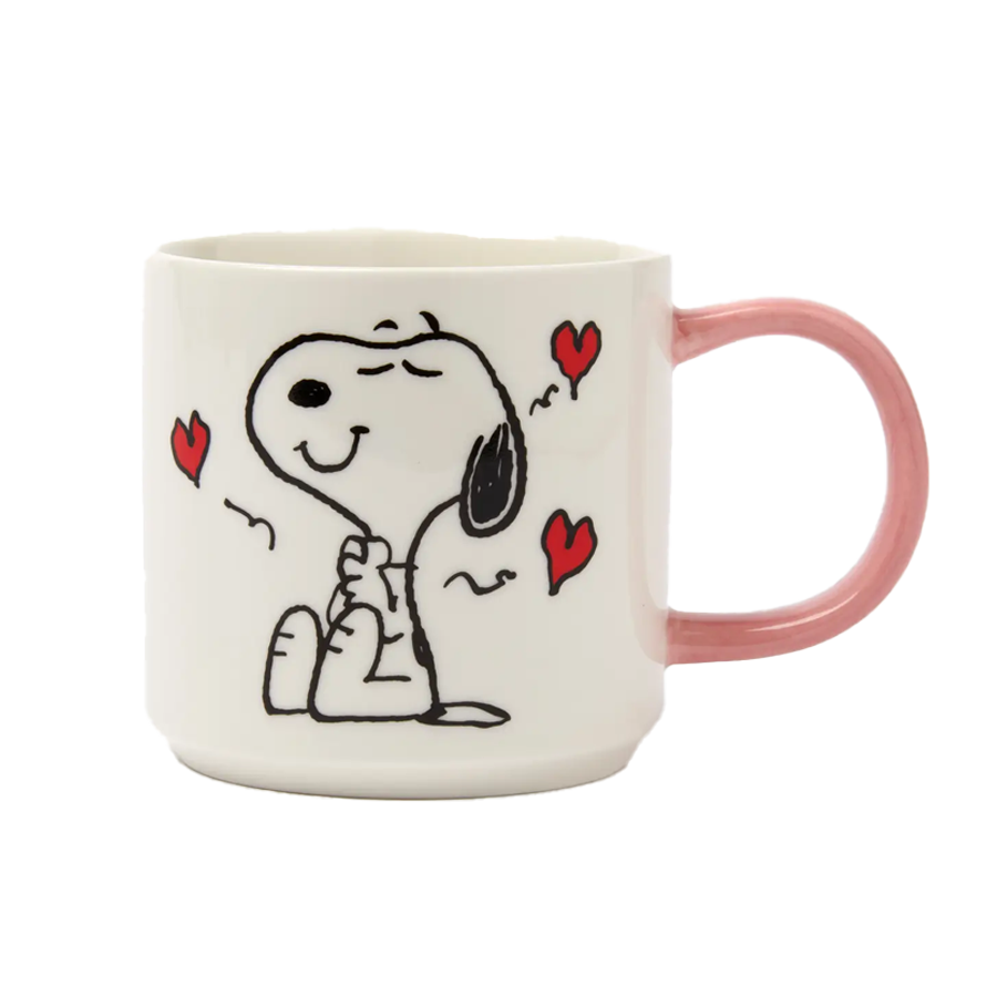 Peanuts Snoopy Love mug with a pink handle