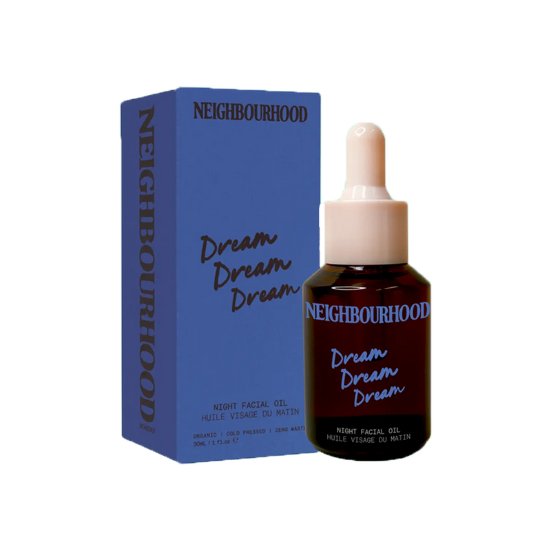  Dream Dream Dream Nightly Facial Oil, 30ml by Neighbourhood Botanicals, beside its blue box 