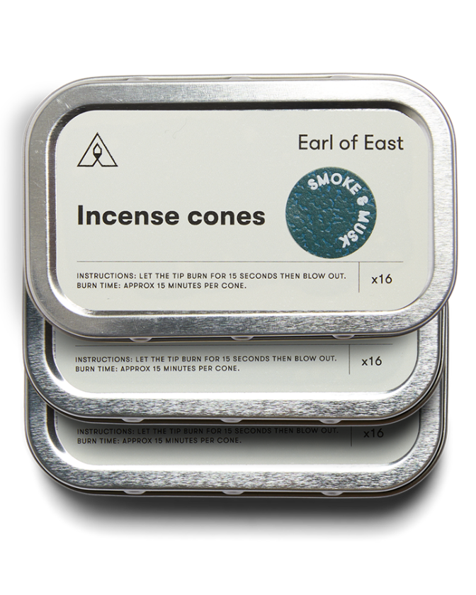  Smoke & Musk Incense Cones Set of 3 by Earl of East with three recyclable aluminium tins 