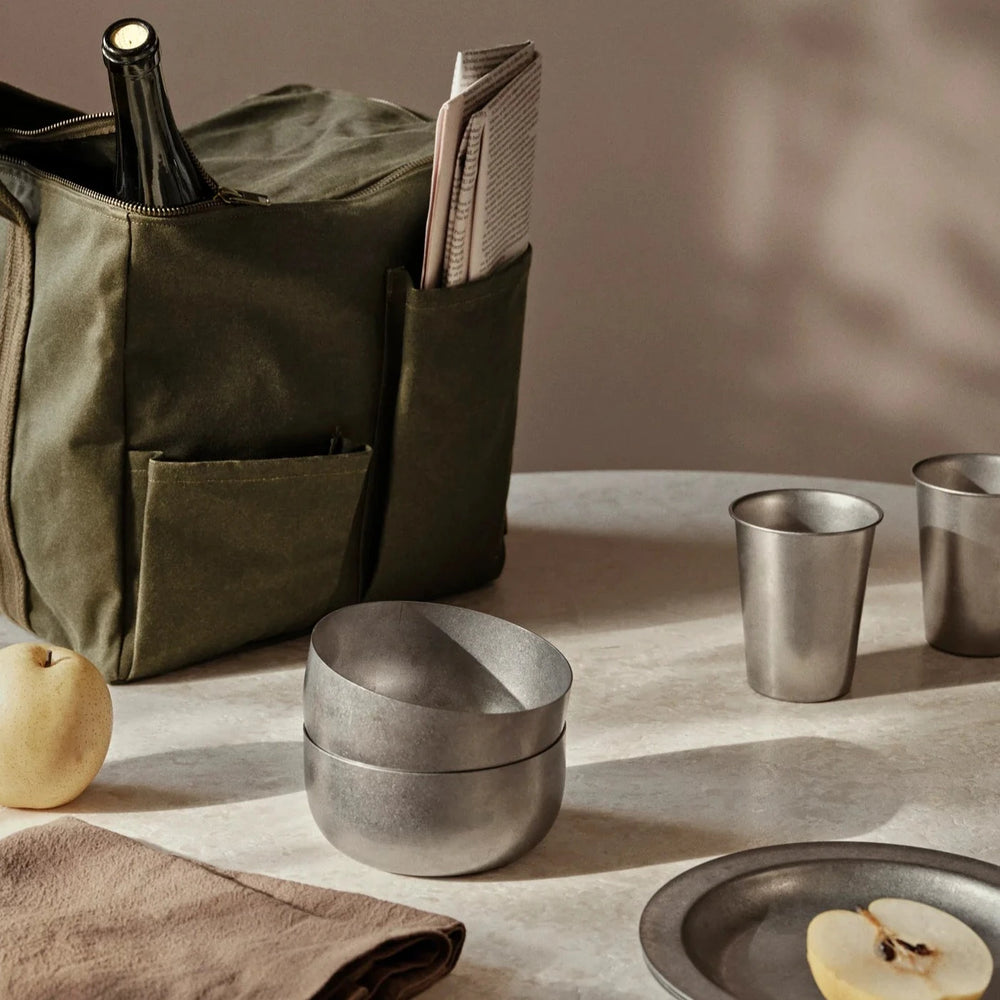 Tumbled Bowl, Stainless Steel by ferm LIVING, holding utensils on a table