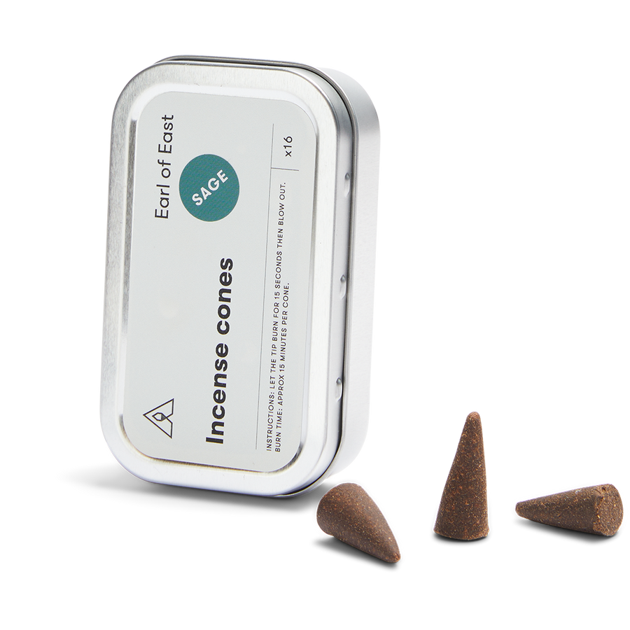 Incense Cones, Sage by Earl of East, tin open with cones beside it