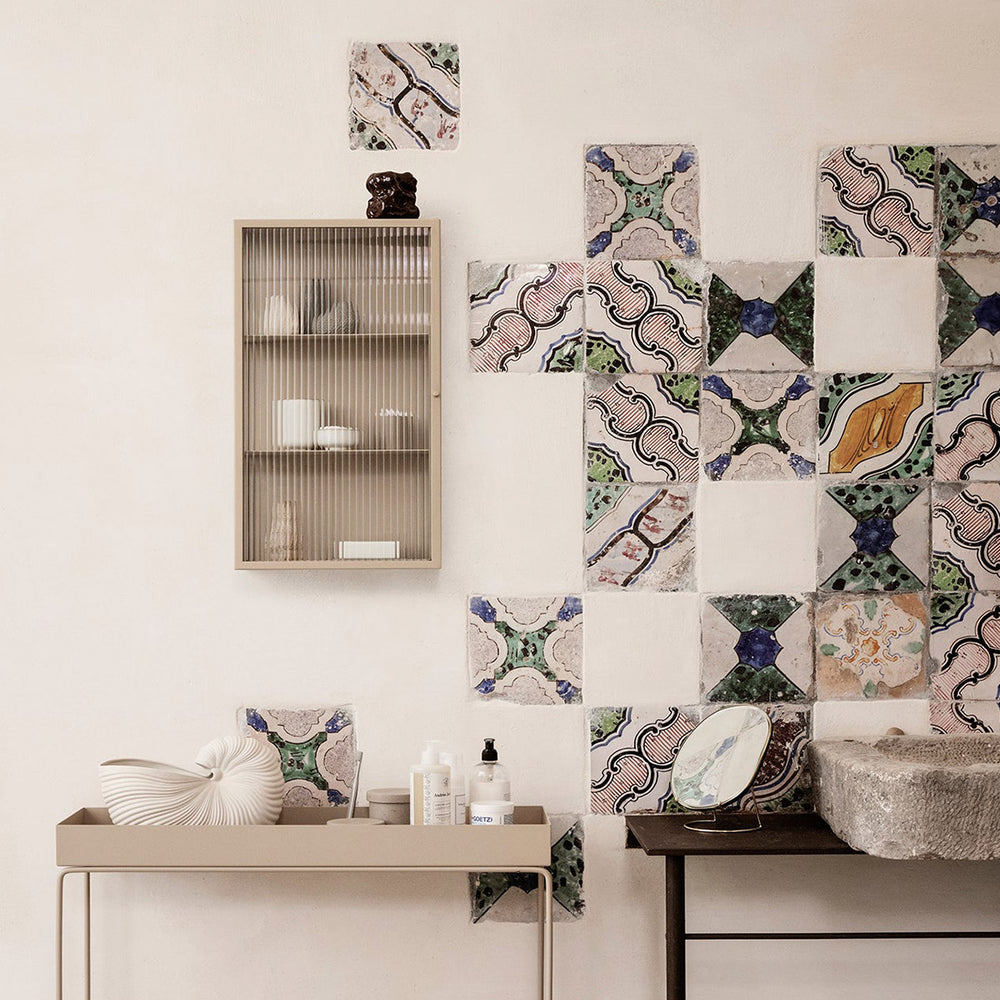 Haze Wall Cabinet, Reeded Glass, Cashmere by ferm LIVING, on a tiled wall