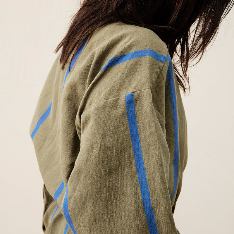 ferm LIVING | Cotton & Linen Field Bathrobe - Olive / Bright Blue